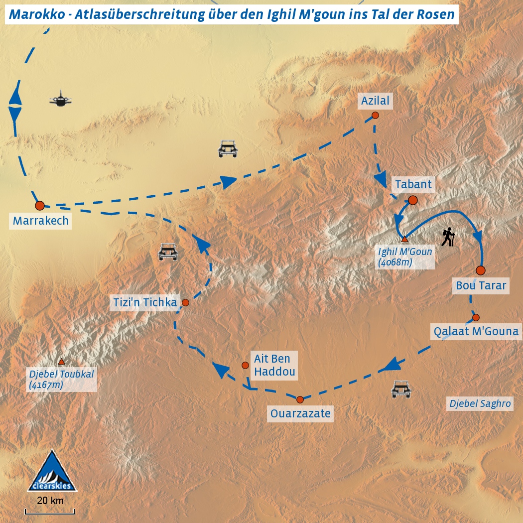 Detail Karte des Trekking über den hohen Atlas