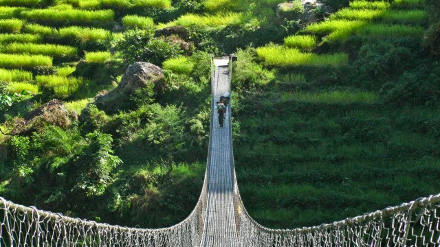 Hängebrücke Reisfelder Träger Manaslu Trek