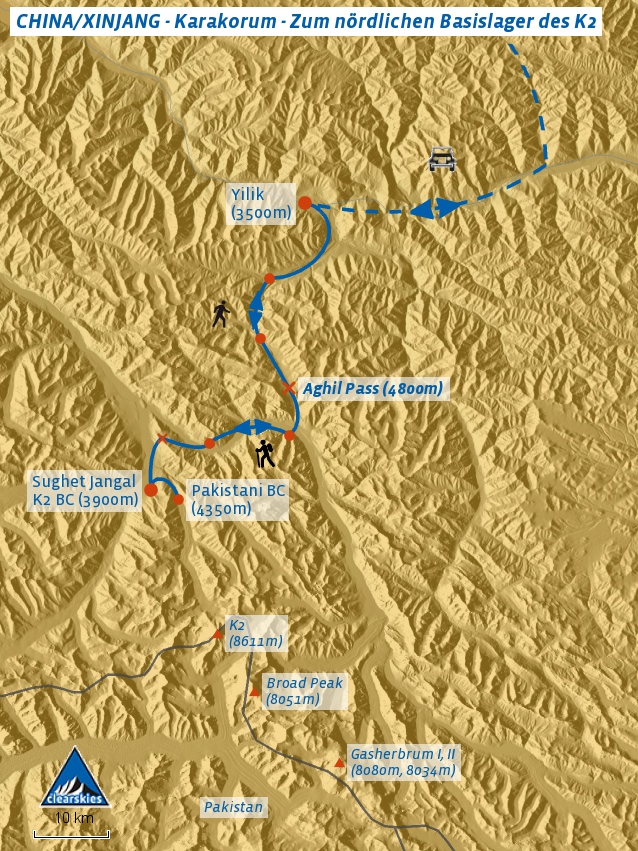 Karte der Trekkingtour von Yilik durch das Shaksgam Tal zum chinesischen Basislager des K2.