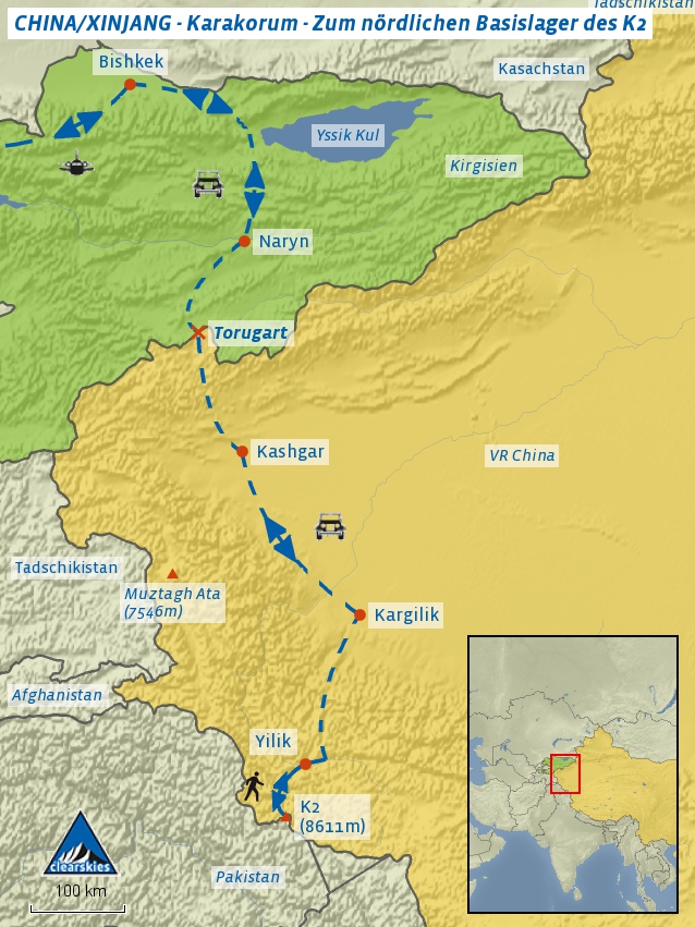 Karte der Anfahrt zu der Trekkingtour zum K2 Basislager, von Bishkek über Kashgar nach Yilik.