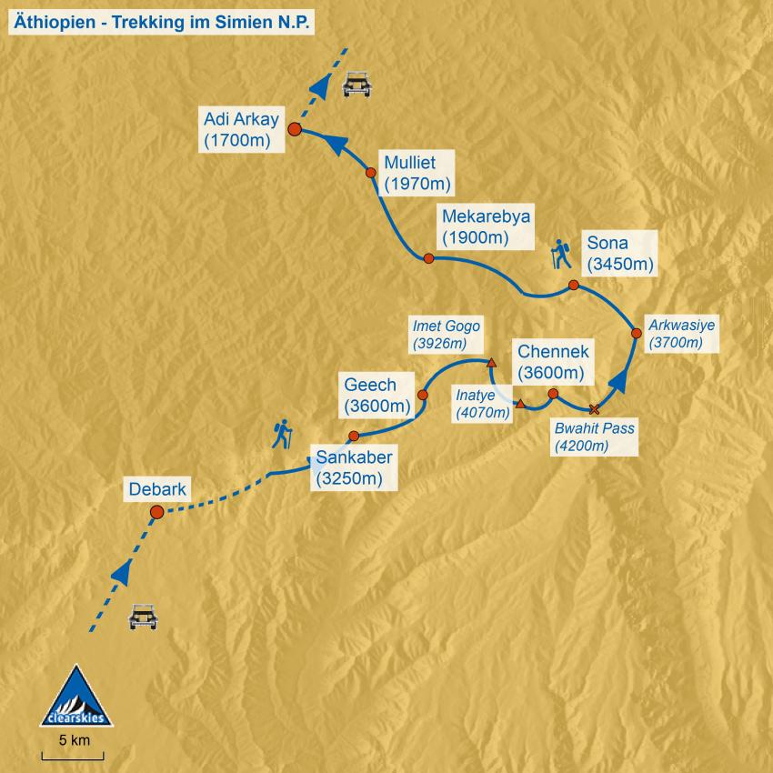 Detailkarte des Trekking im Simien Gebirge