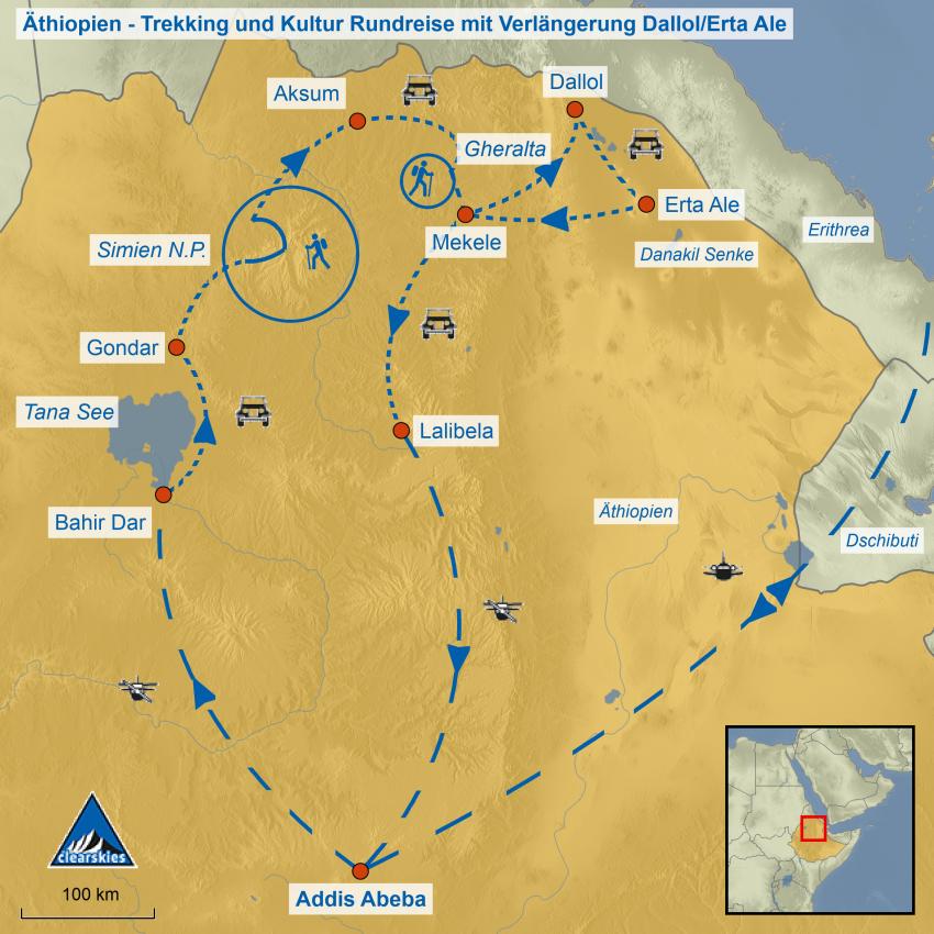Übersichtskarte der Reise Äthiopien - Trekking und Kulturreise mit Danakil Senke und Vulkan Erta Ale