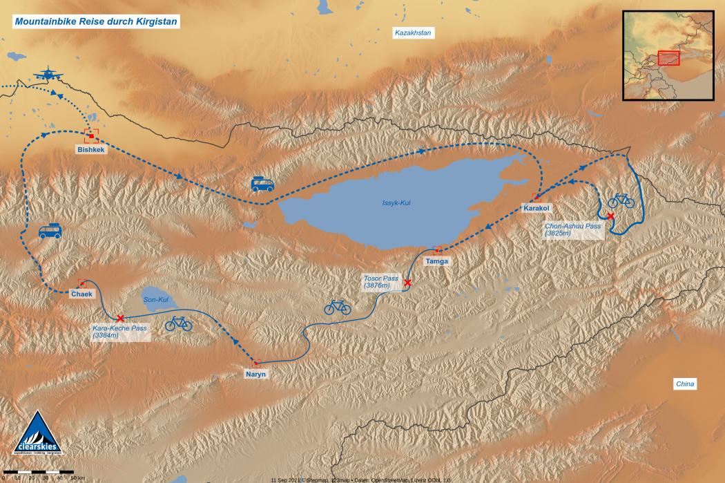 Karte der Mountainbike Reise durch Kirgistan