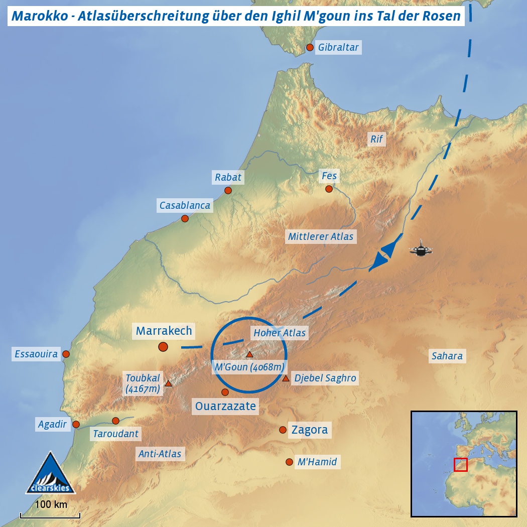 Karte des Trekking Über den hohen Atlas in Marokko