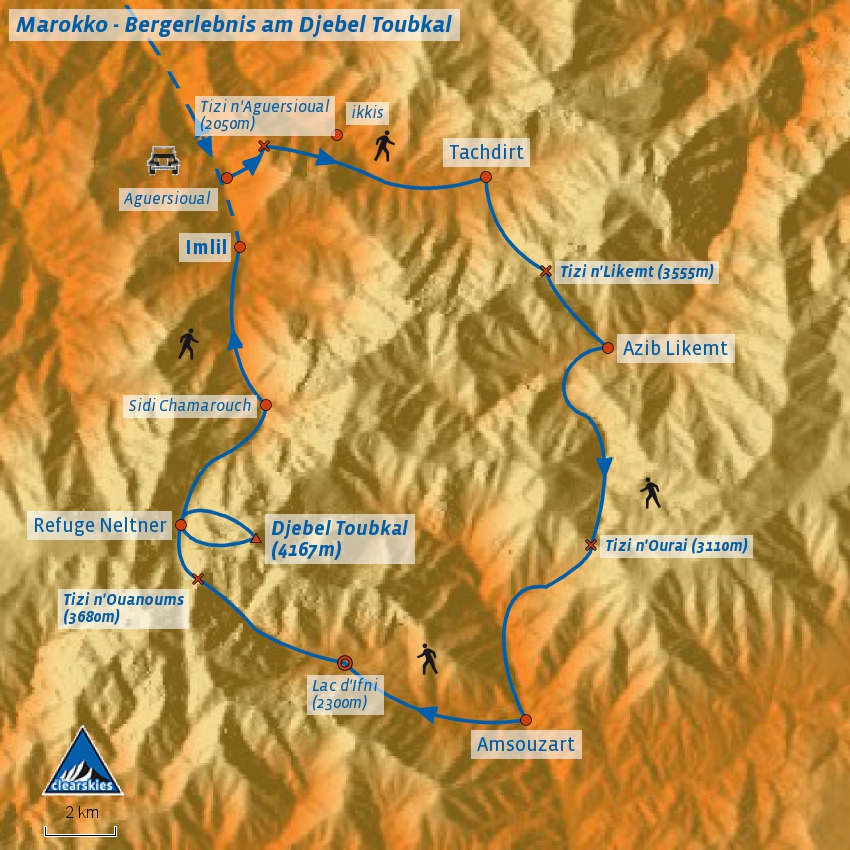 Detaillierte Karte der Wanderung zum Toubkal