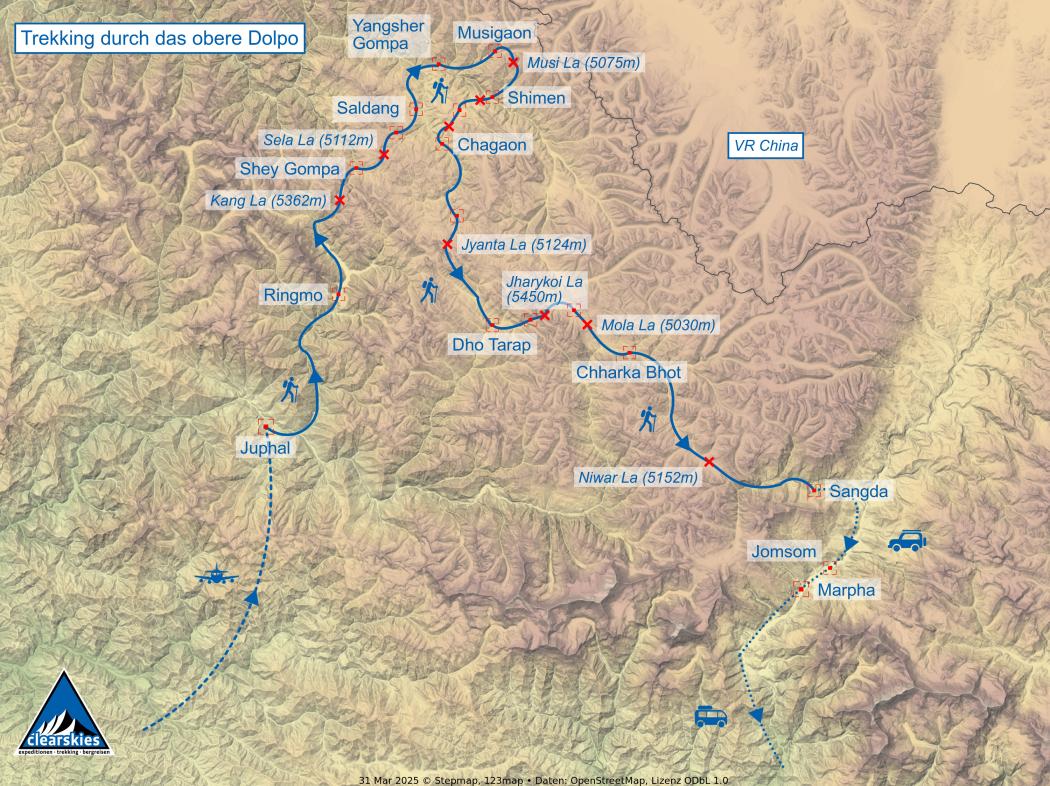 Detailkarte des Trekking im oberen Dolpo