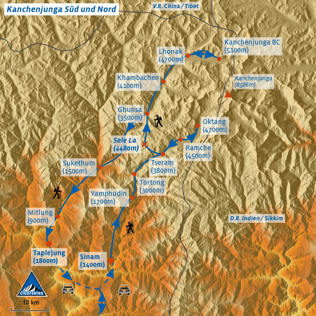 Karte des Trek zum Kanchenjunga Basislager
