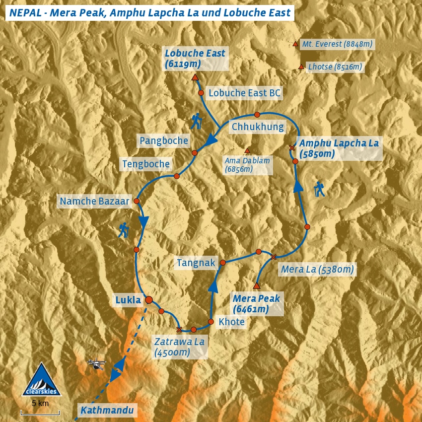 Karte Mera Peak Trek mit Lobuche East Besteigung