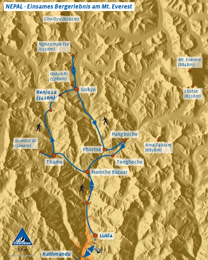 Karte des Trekking über den Renjo La nach Gokyo