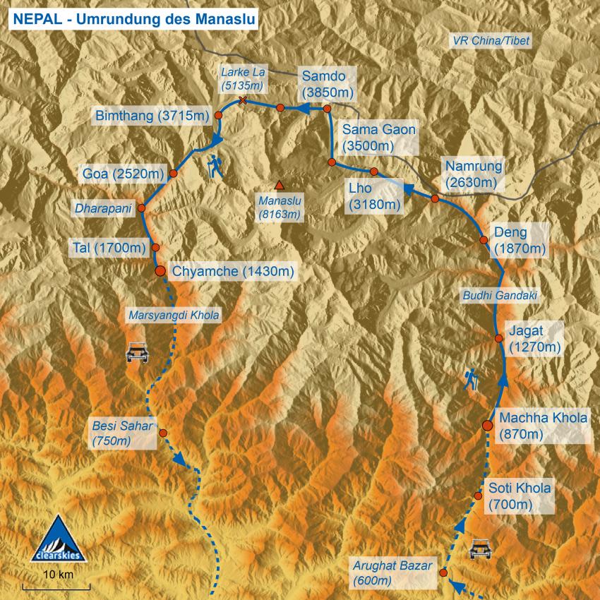 Karte des Trekking Tsum-Valley und Manaslu Umrundung