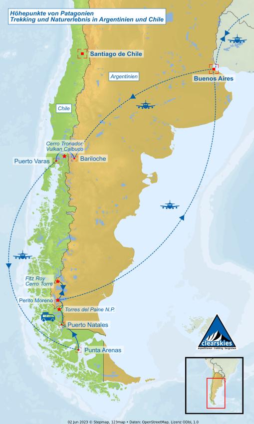 Karte der Rundreise zu den Höhepunkten von Patagonien