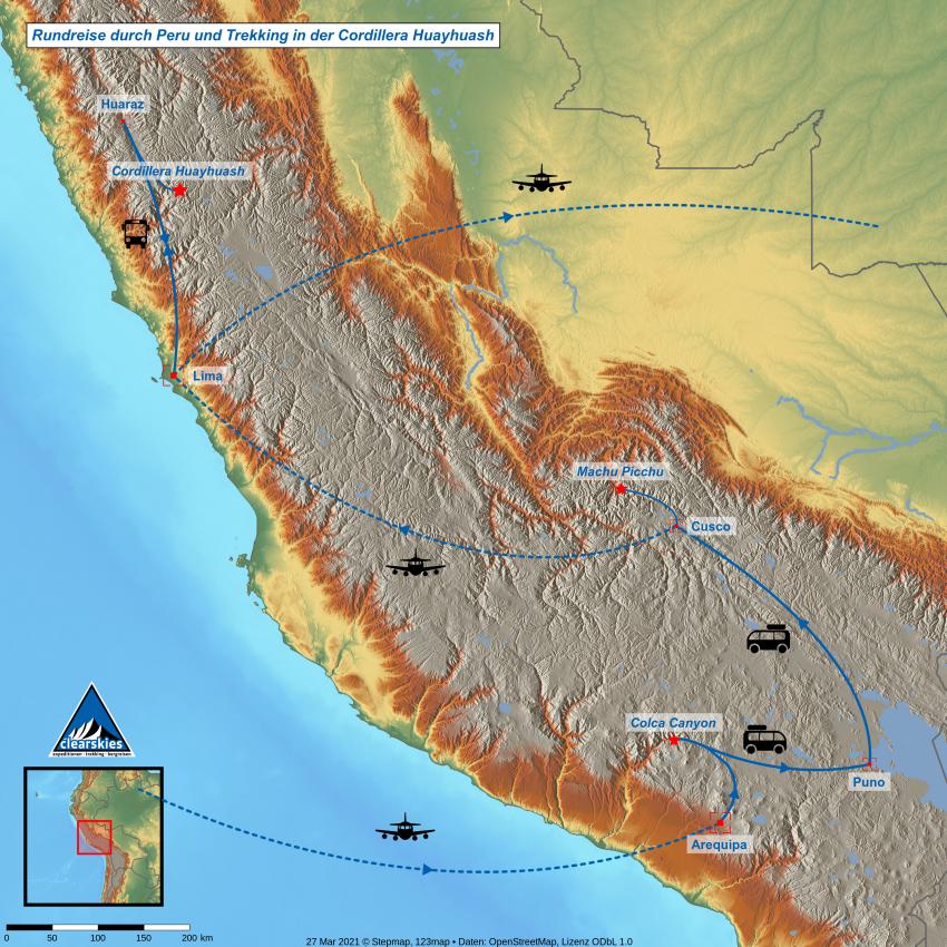 karte peru rundreise mit huayhuash trekking