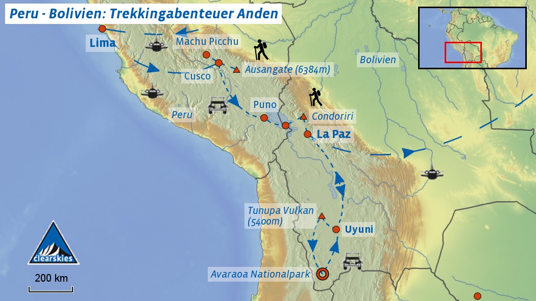 Übersichtskarte der Reise Peru und Bolivien - Trekkingreise zu den landschaftlichen und kulturellen Höhepunkten