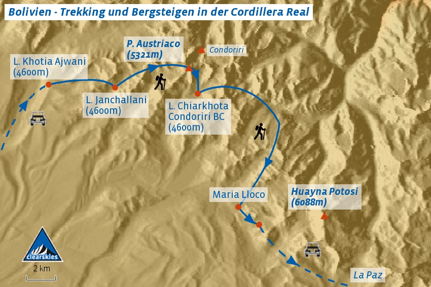 Karte des Trekking in der Cordillera Real zum Basislager Condoriri