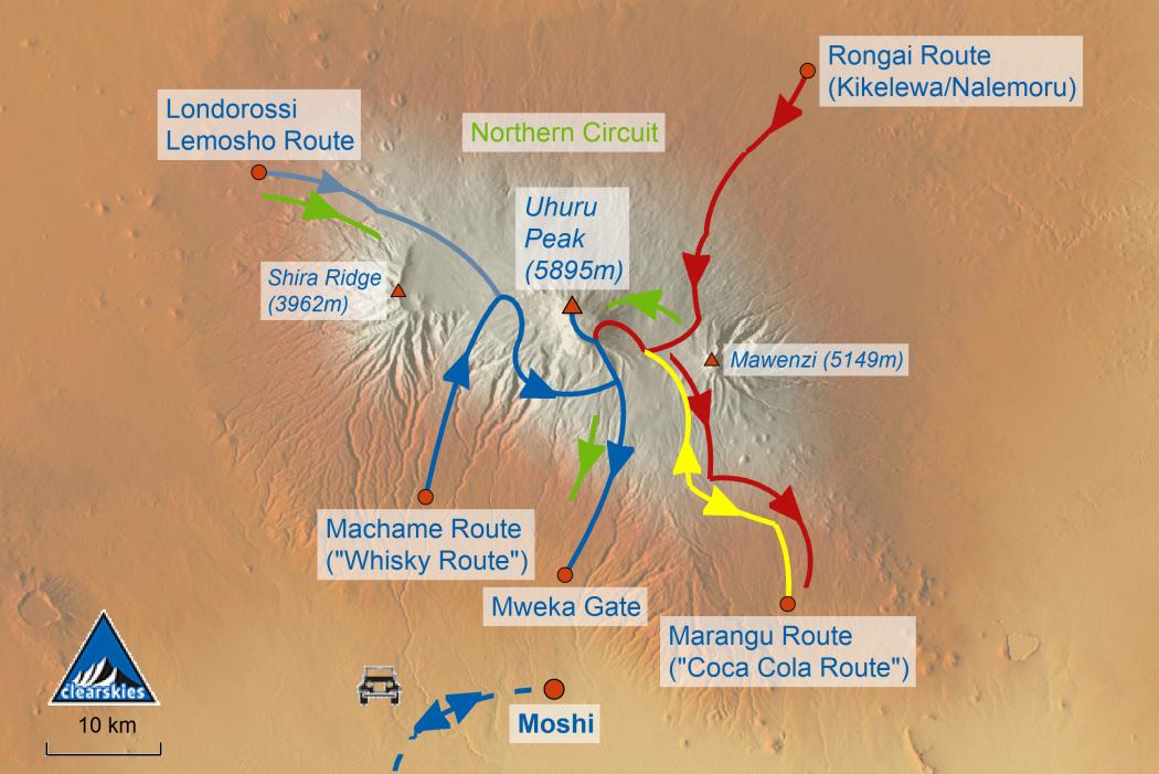 Karte Routen Kilimanjaro Besteigung