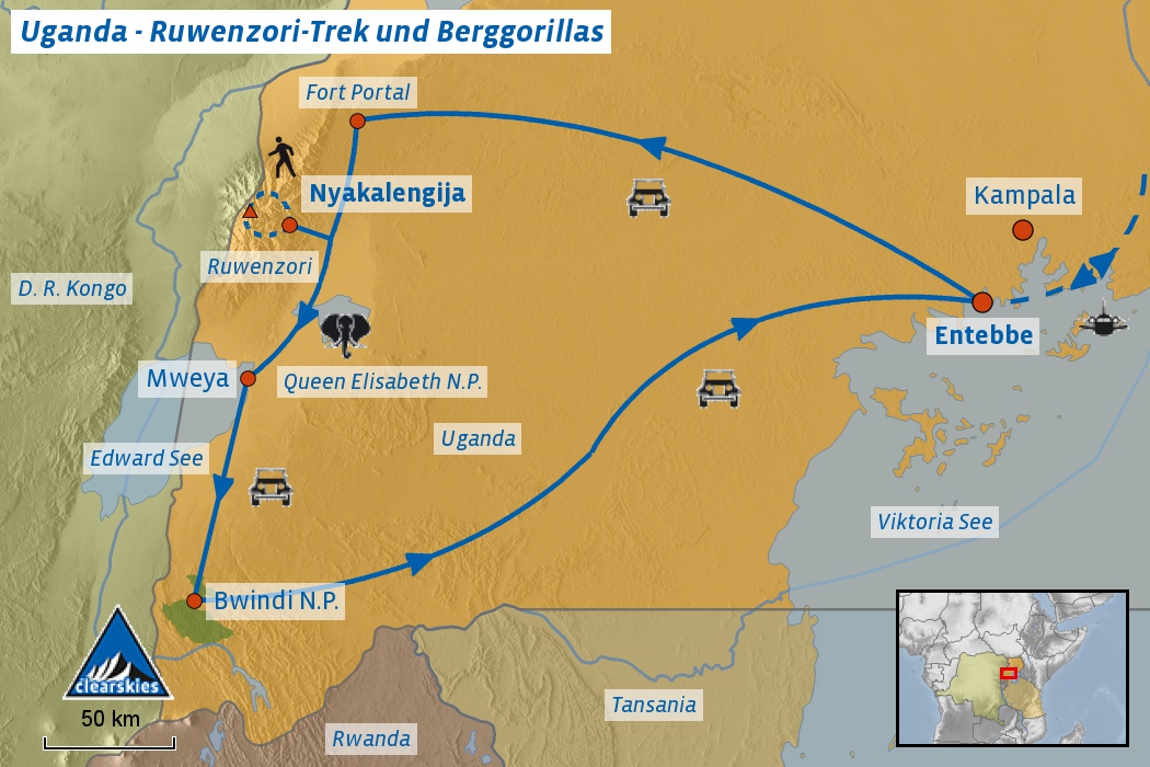 Übersichtskarte der Reise Ruwenzori Trek und Berggorillas
